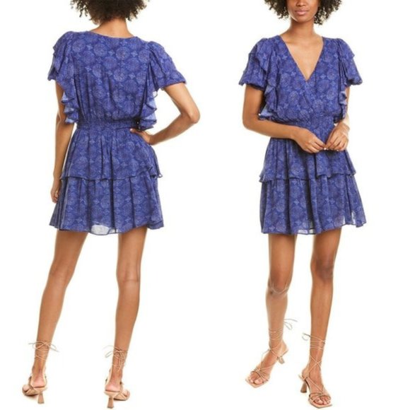 CELINA MOON Dresses & Skirts - Celina Moon Tiered Blue Ruffle Mini Dress in Indigo Block